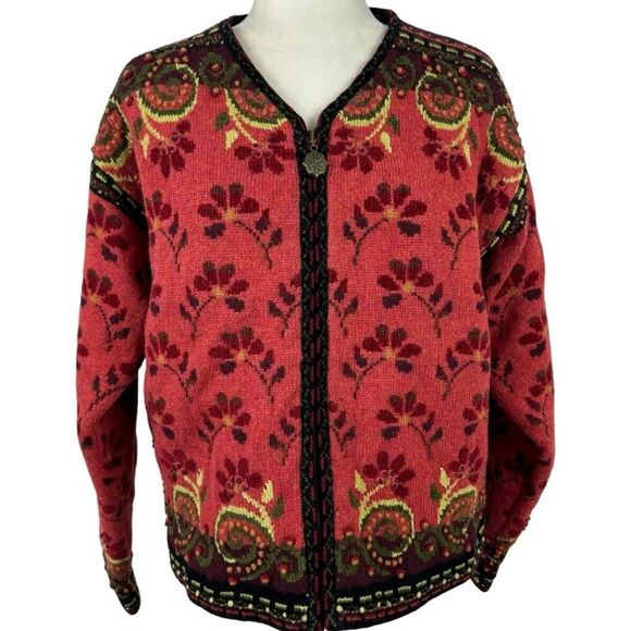 Icelandic Design Full Zip Jacket Wool 3D Knit Textured Floral Vintage Lined L - Picture 1 of 16